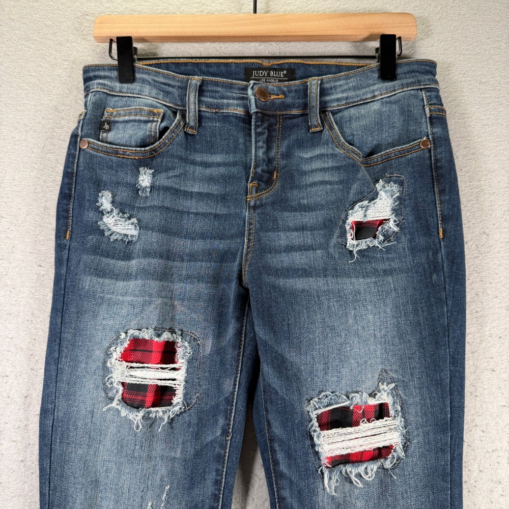 Judy Blue Womens Jeans Size 9/29 Distressed Buffalo Plaid Patch Skinny - Picture 3 of 13